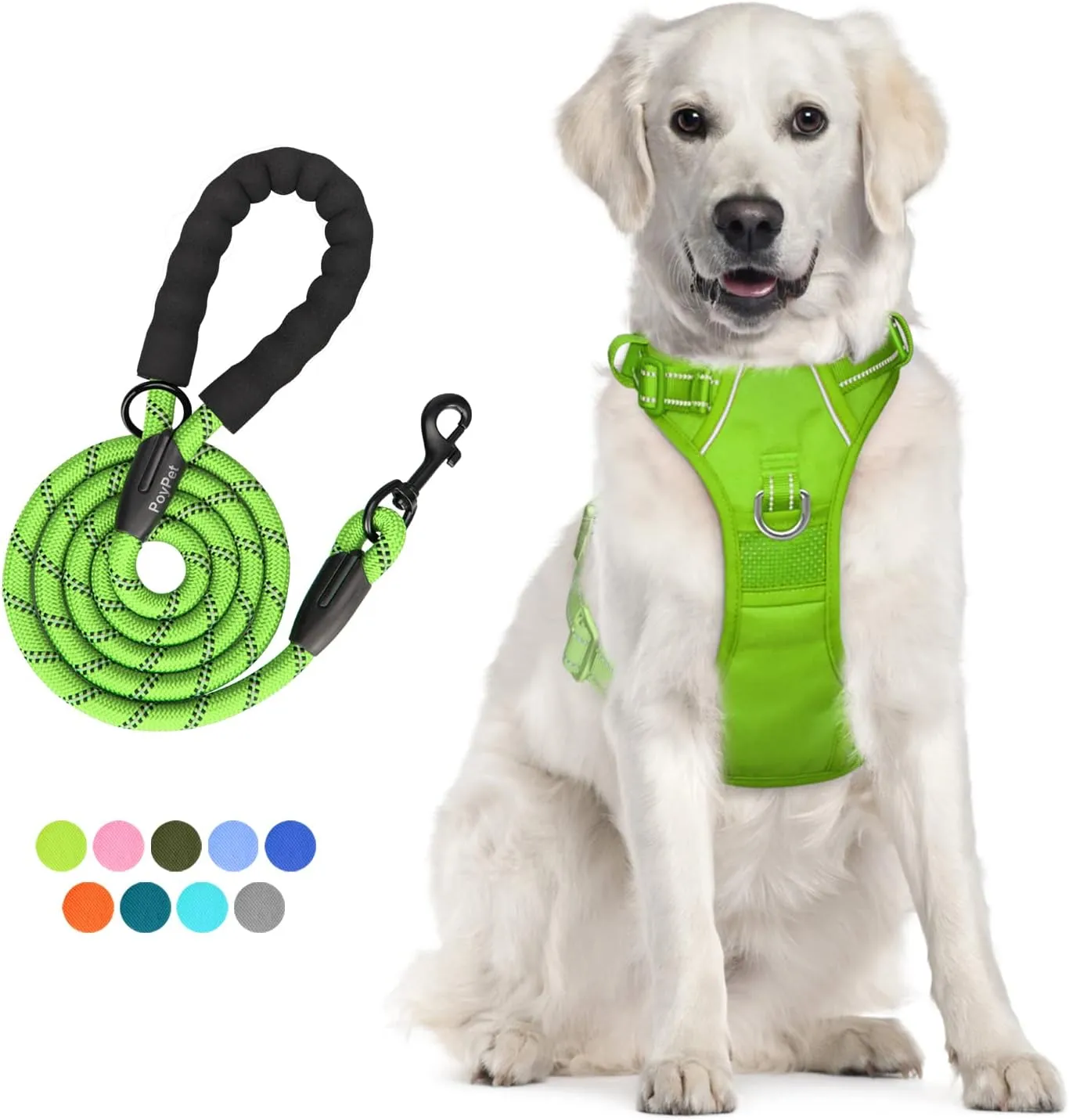 PoyPet No Pull Dog Harness and 5 Feet Leash Set, Release on Neck Reflective Adjustable Pet Vest, Front & Back 2 D-Ring and Soft Padded Pet Harness with Handle for Small to Large Dogs(Green,XL)