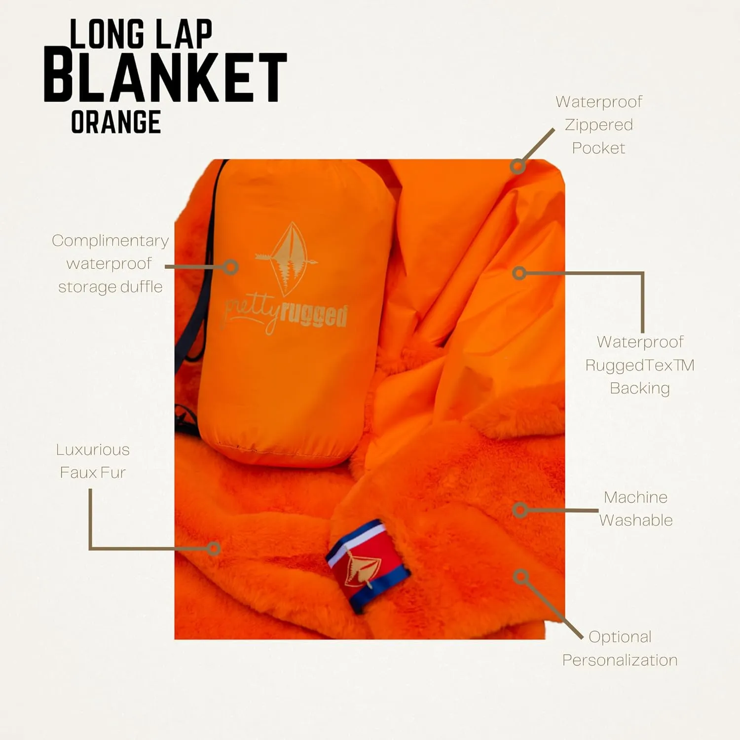 Pretty Rugged Faux Mink Luxe Customizable Long Lap Blanket, Waterproof and Reversible, Machine Washable Fuzzy Throw, Orange