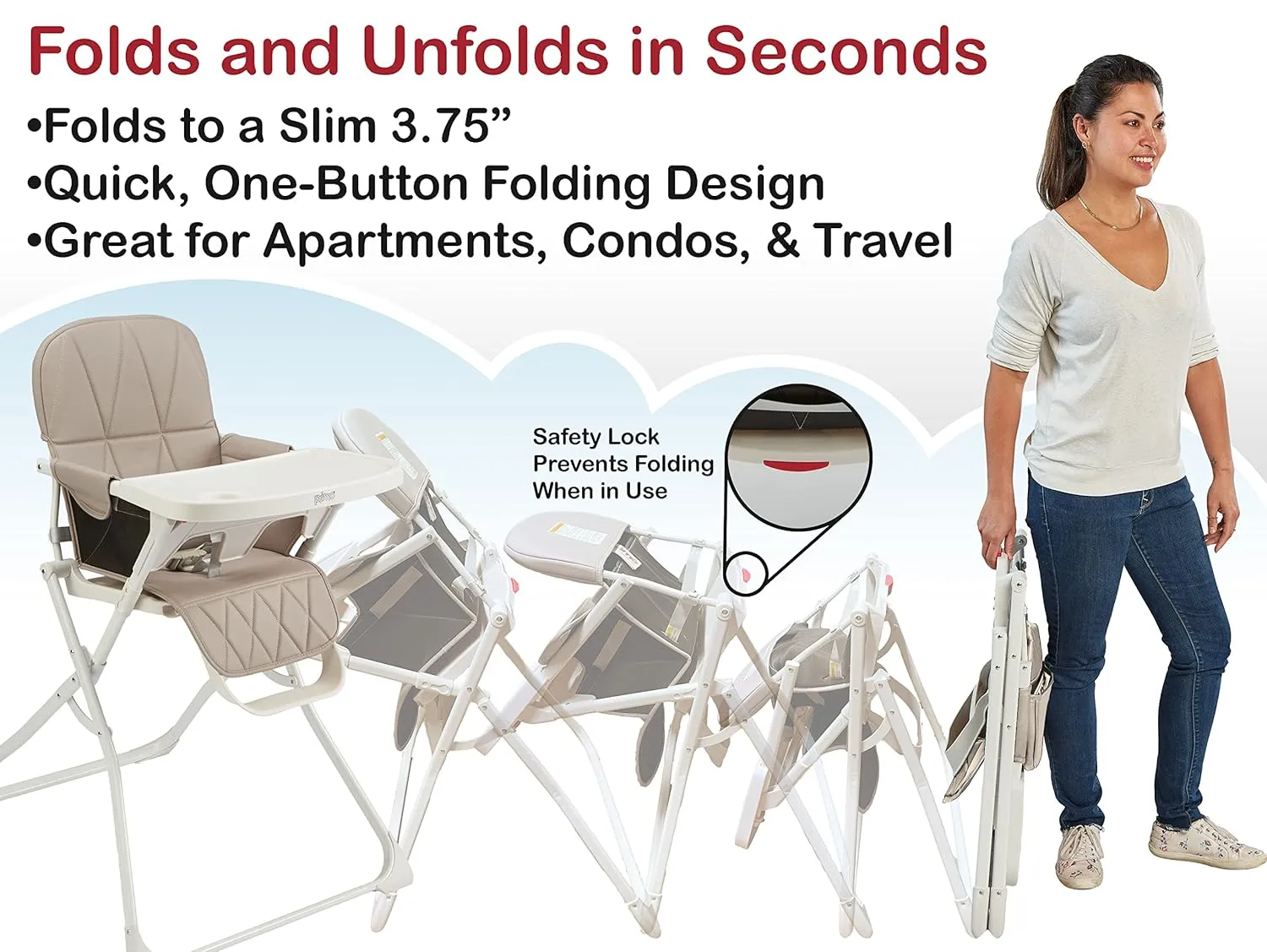 Primo PopUp Folding High Chair for Baby Age 6 to 36 Months - Taupe Folding Beach Style High Chair with Removable Dishwasher Safe Tray, 3pt Safety Harness, Leatherette Seat - Space Saving Design