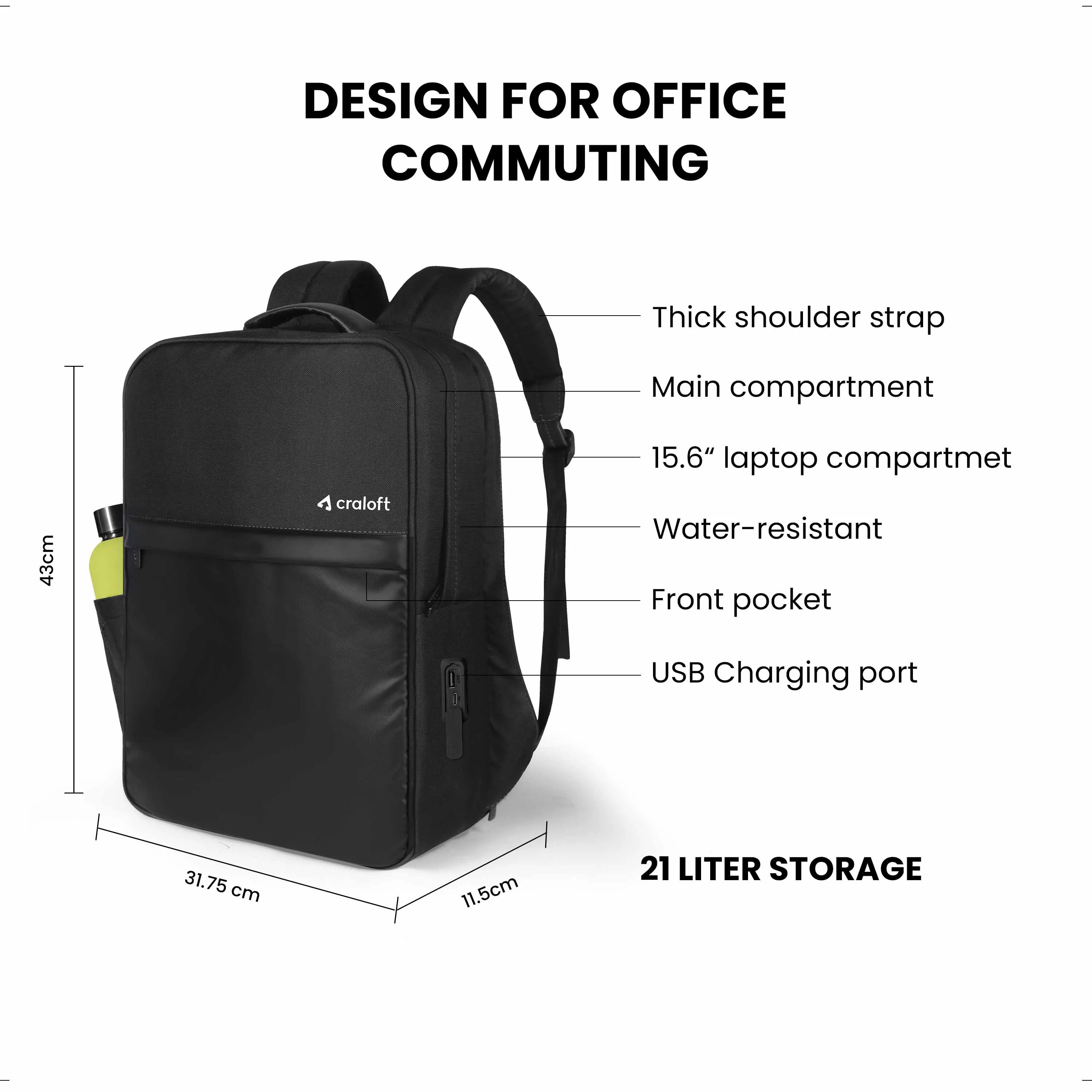 ProCarry 21L Office Laptop Backpack Bag with Raincover and USB Charging Port (CB2, Black)