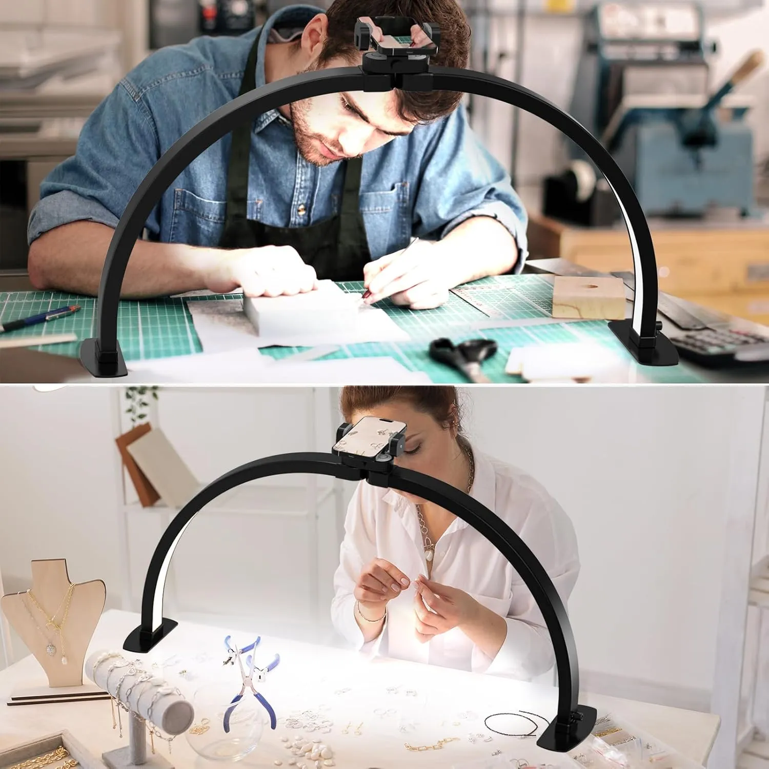 Professional Large Half Moon LED Light for Nail Desk with Phone Holder for Nail Lamp, Foldable Arch Light for Nail Techs Perfect for Manicure Handicraft Lighting (Black, Large)