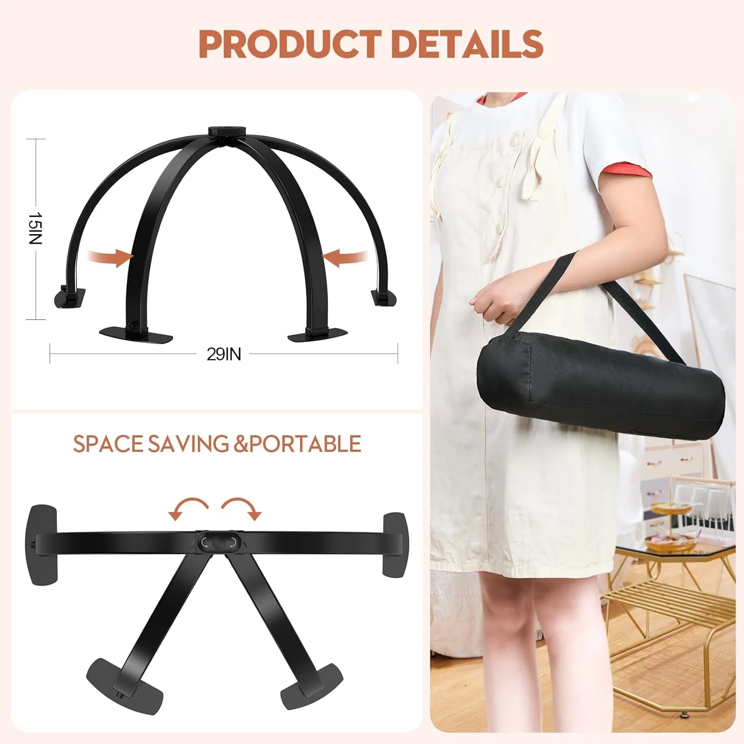 Professional Large Half Moon LED Light for Nail Desk with Phone Holder for Nail Lamp, Foldable Arch Light for Nail Techs Perfect for Manicure Handicraft Lighting (Black, Large)