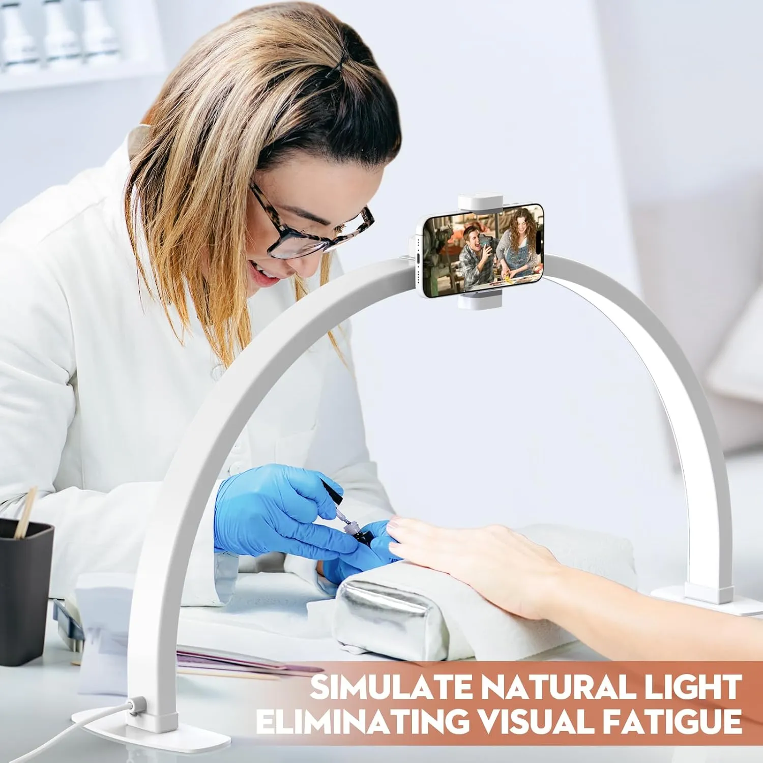 Professional Large Half Moon LED Light for Nail Desk with Phone Holder for Nail Lamp, Foldable Arch Light for Nail Techs Perfect for Manicure Handicraft Lighting (Black, Large)