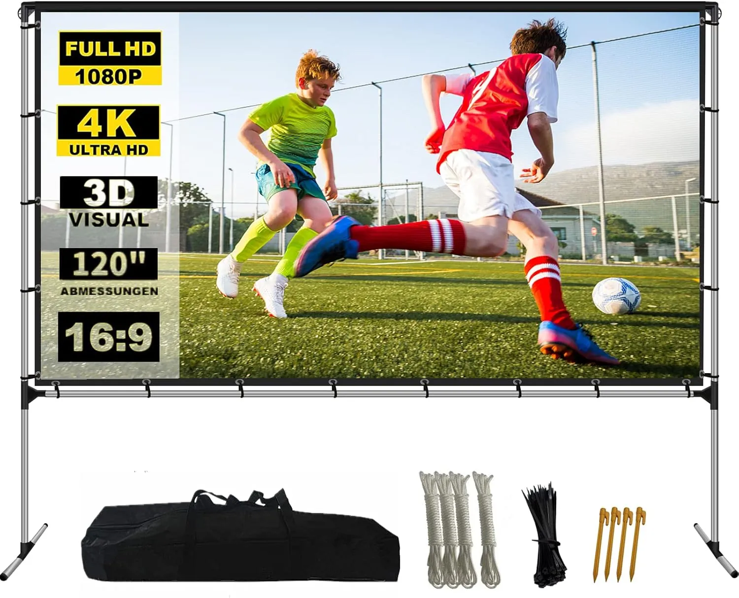 Projector Screen with Stand Foldable Portable Movie Screen 120 Inch（16：9）, HD 4K Double Sided Projection Movies Screen with Carry Bag for Indoor Outdoor Home Theater Backyard Cinema Travel