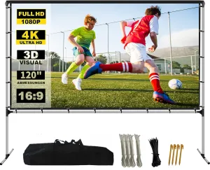 Projector Screen with Stand Foldable Portable Movie Screen 120 Inch（16：9）, HD 4K Double Sided Projection Movies Screen with Carry Bag for Indoor Outdoor Home Theater Backyard Cinema Travel