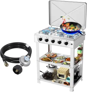 Propane Gas Stove,5 Burner Propane Burner,Auto Ignition Camping Stove with Support Leg Stand and Wind Blocking Cover Adapter, Portable Gas Stove for RV, Apartment, Outdoor Cooking