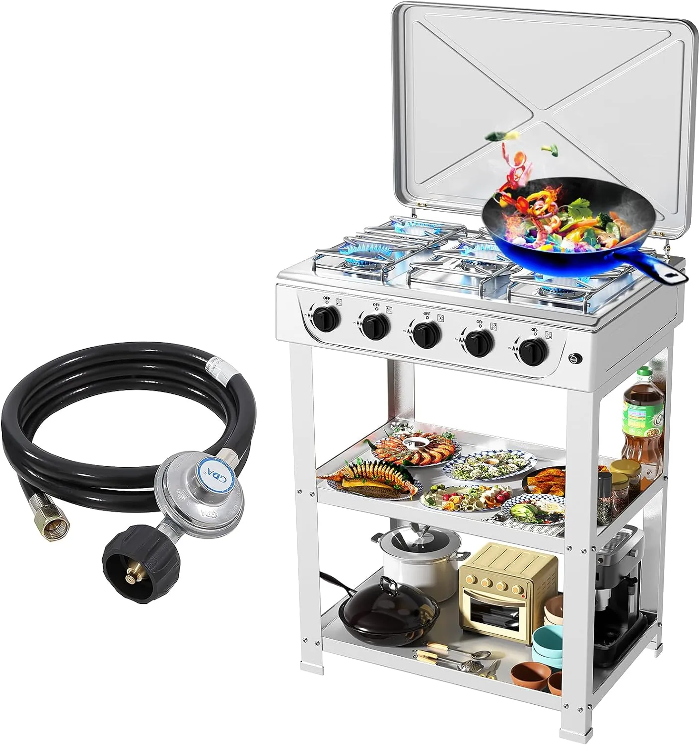 Propane Gas Stove,5 Burner Propane Burner,Auto Ignition Camping Stove with Support Leg Stand and Wind Blocking Cover Adapter, Portable Gas Stove for RV, Apartment, Outdoor Cooking