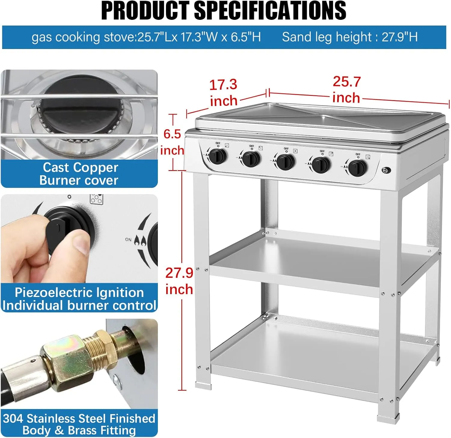 Propane Gas Stove,5 Burner Propane Burner,Auto Ignition Camping Stove with Support Leg Stand and Wind Blocking Cover Adapter, Portable Gas Stove for RV, Apartment, Outdoor Cooking