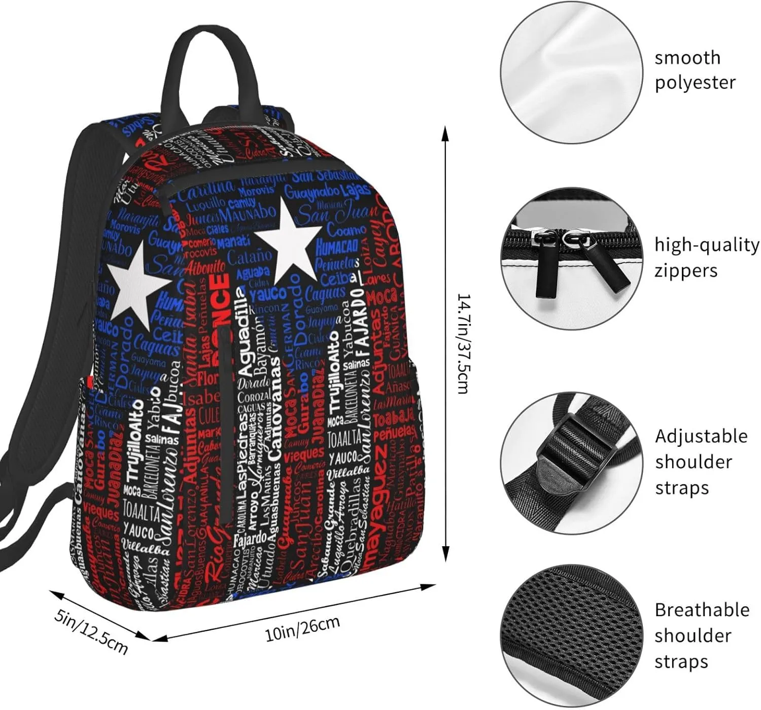 Puerto Rico Towns Flag Travel Backpacks Casual Laptop Backpack Sport Rucksack Large Capacity Daypack Multi-Pockets Adjustable Strap Bag for Working Hiking