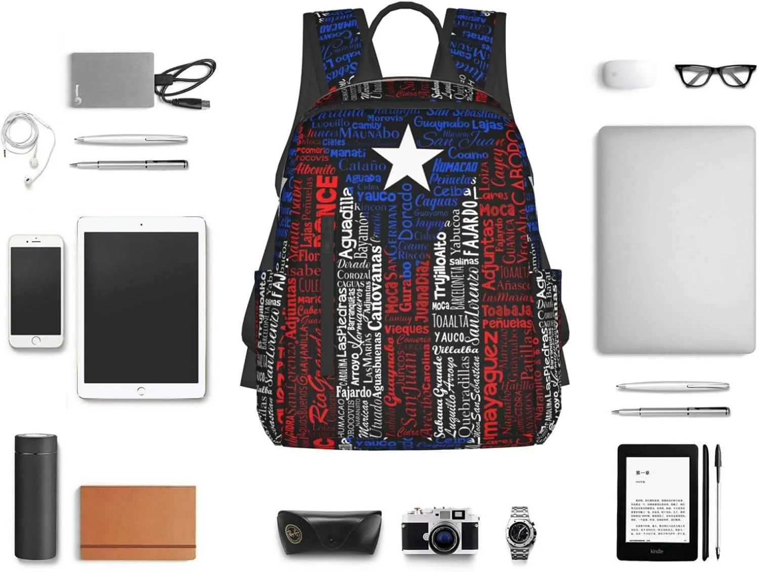 Puerto Rico Towns Flag Travel Backpacks Casual Laptop Backpack Sport Rucksack Large Capacity Daypack Multi-Pockets Adjustable Strap Bag for Working Hiking