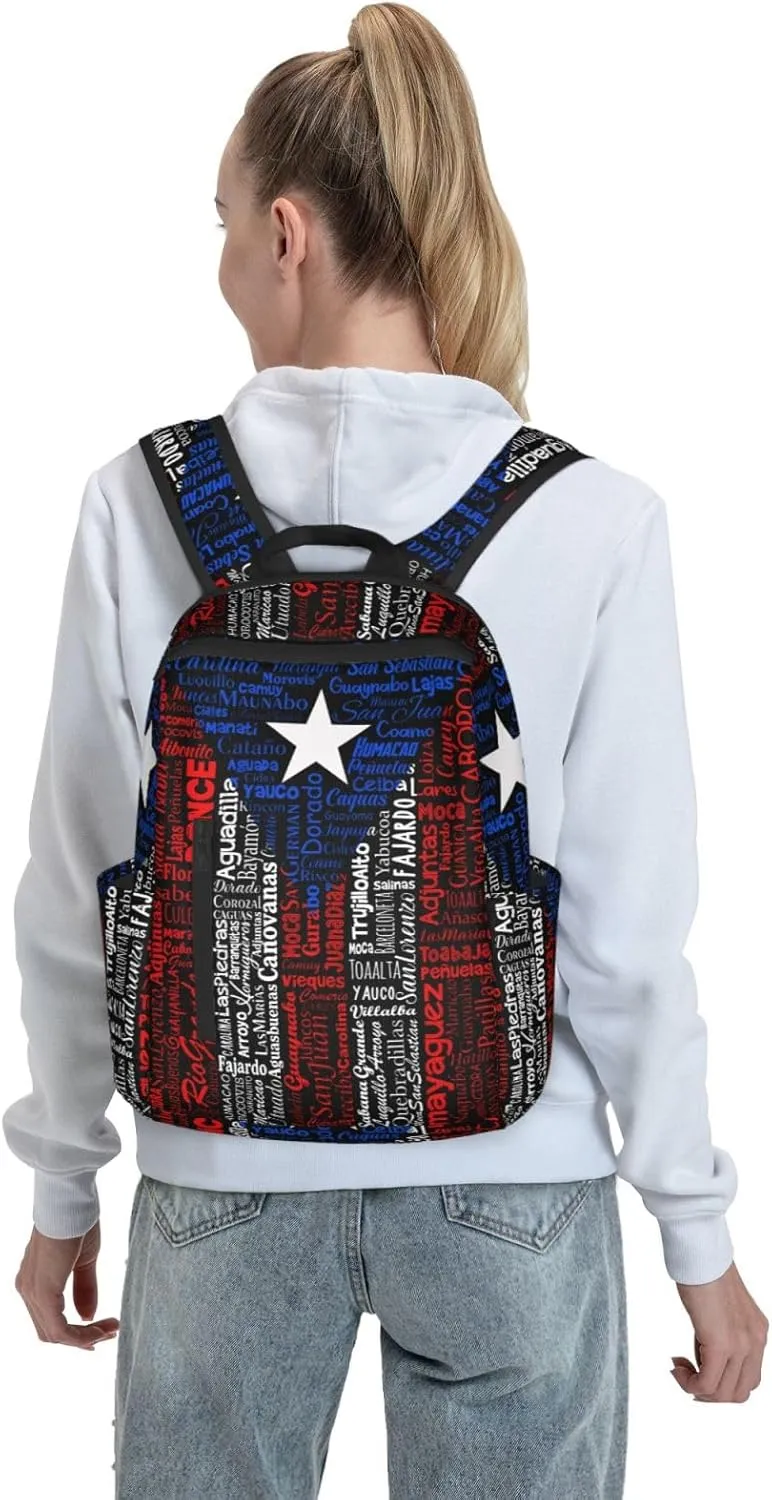 Puerto Rico Towns Flag Travel Backpacks Casual Laptop Backpack Sport Rucksack Large Capacity Daypack Multi-Pockets Adjustable Strap Bag for Working Hiking