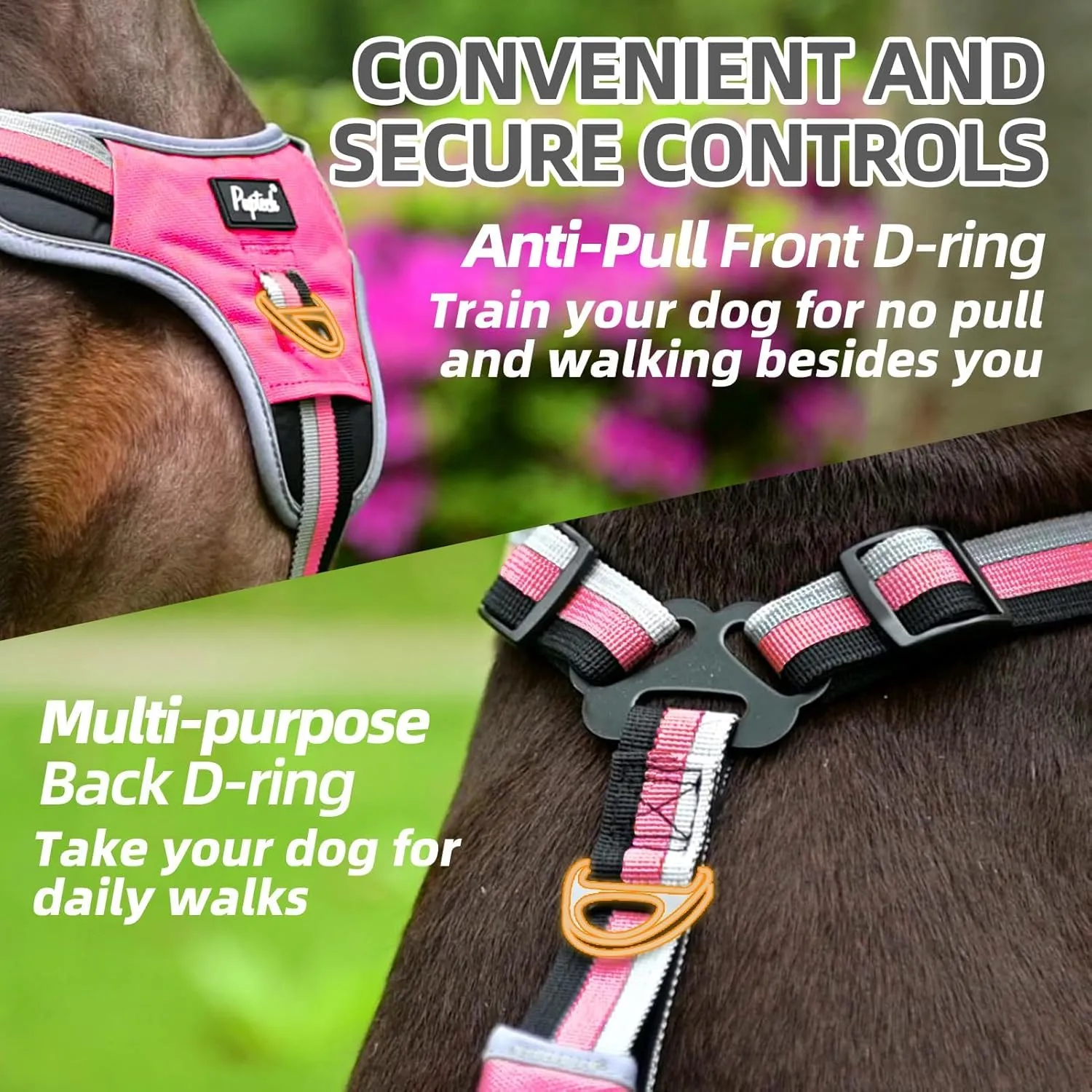 PUPTECK Escape Proof Dog Harness with Padded Handle, No Pull Pet Vest Harness Durable Reflective for Medium Large Dogs Walking Training and Running, Pink, M