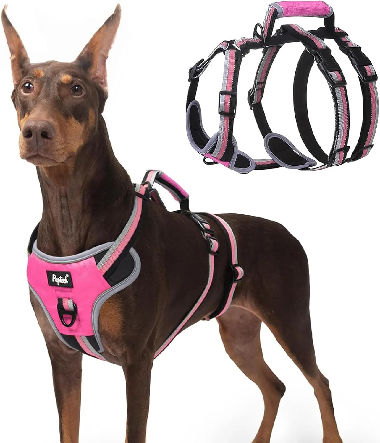 PUPTECK Escape Proof Dog Harness with Padded Handle, No Pull Pet Vest Harness Durable Reflective for Medium Large Dogs Walking Training and Running, Pink, M