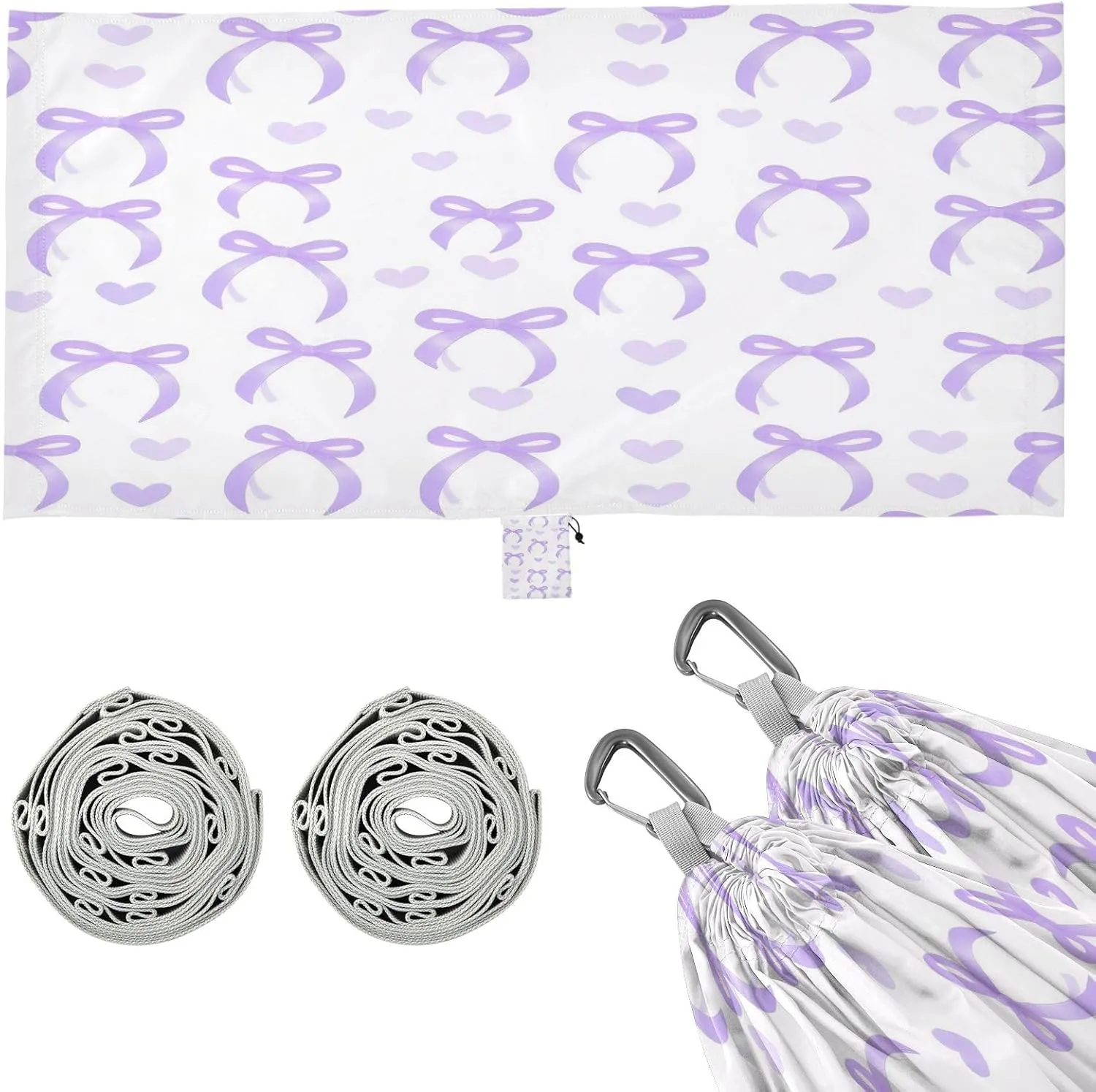 Purple Bow Love Camping Hammock, Single Portable Hammocks with Tree Straps & Attached Carry Bag, 330Lbs Capacity Perfect for Outside Indoor Hiking Beach Backpack Travel