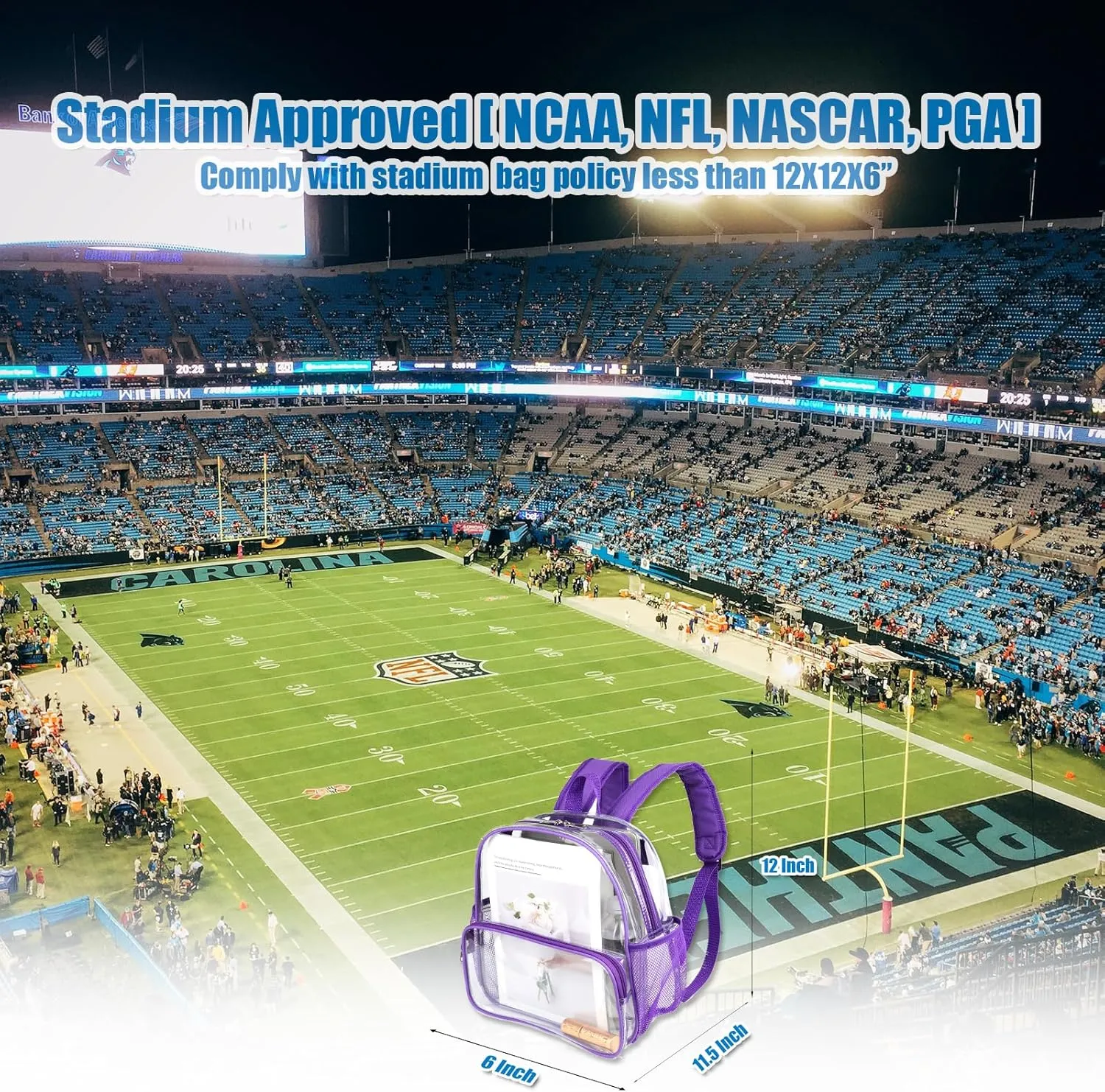 Purple Clear Stadium Backpack 12x6x12 for Women Girls,Mini Clear Bag Stadium Approved for Sporting Events Games Festival Music Concerts