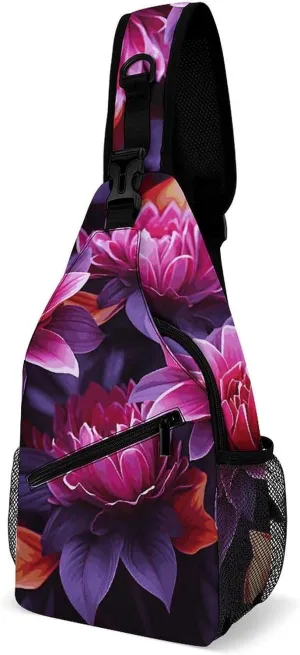 Purple Red Flower Leaves Sling Bag with Rfid Blocking Causal Mens Crossbody Bag Lightweight Chest Pack Large Man Purse Travel Crossbody Backpack Shoulder Sling Backpack for Hiking Running Cycling