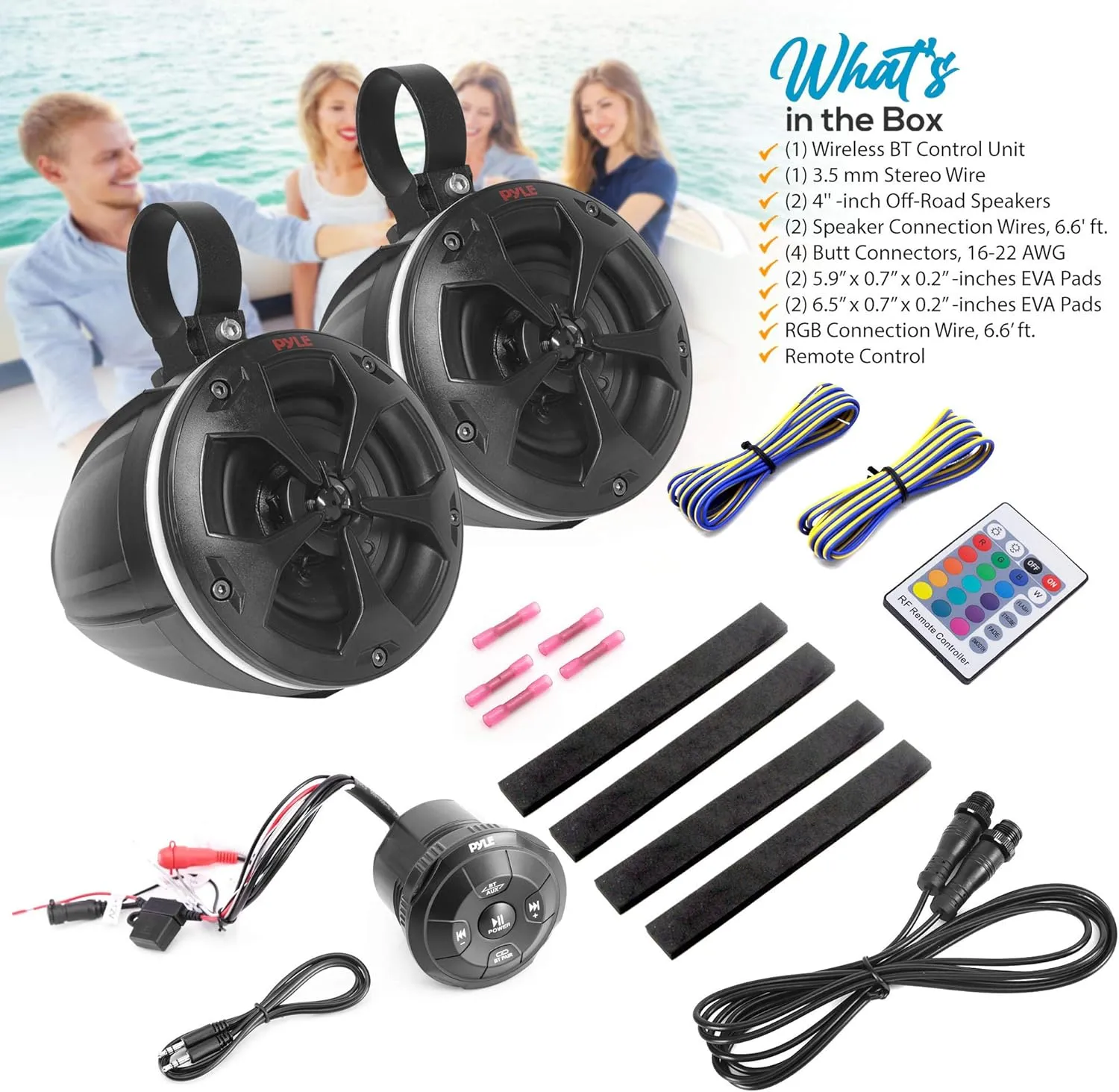 Pyle 2-Way Waterproof Off Road Speakers - 4" 800W Active Passive Marine Grade Wakeboard Tower RGB Speakers System w/Bluetooth Controller, Full Range Stereo Speaker for ATV/UTV Jeep Boat PLUTV48KBTR