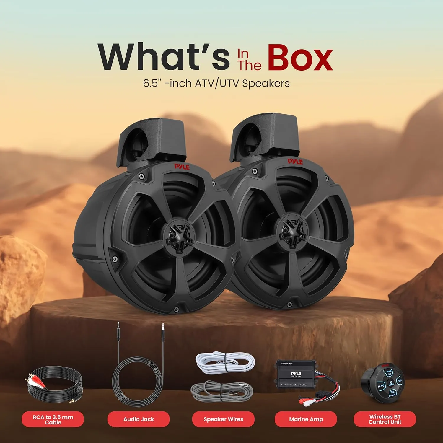 Pyle 6.5'' Water-Resistant Marine Off-Road Speakers - 1200 Watt Amplifier   Wireless BT Audio Controller- Marine, ATV, UTV, 4x4, Jeep, Wired RCA, for Boat Stereo Speaker & Other Watercraft