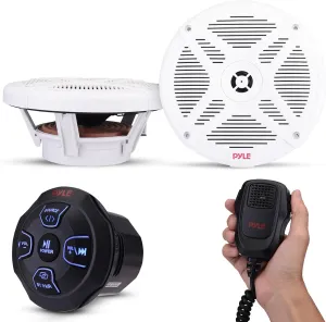 Pyle Marine Bluetooth Receiver Speaker Kit - Waterproof Audio Entertainment System Set w/Dual 6.5' Boat Speakers, Wireless BT Controller, Compact Handheld Broadcasting Microphone (White)