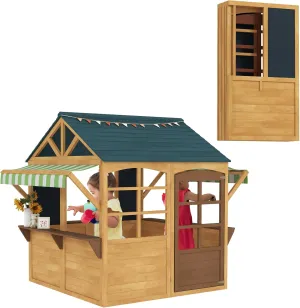 Qaba Foldable Outdoor Playhouse, Wooden Kids Cottage with Windows, Working Door, Snack Bars, Waterproof Covers, Blackboards, for Kids 3-8 Years, Brown