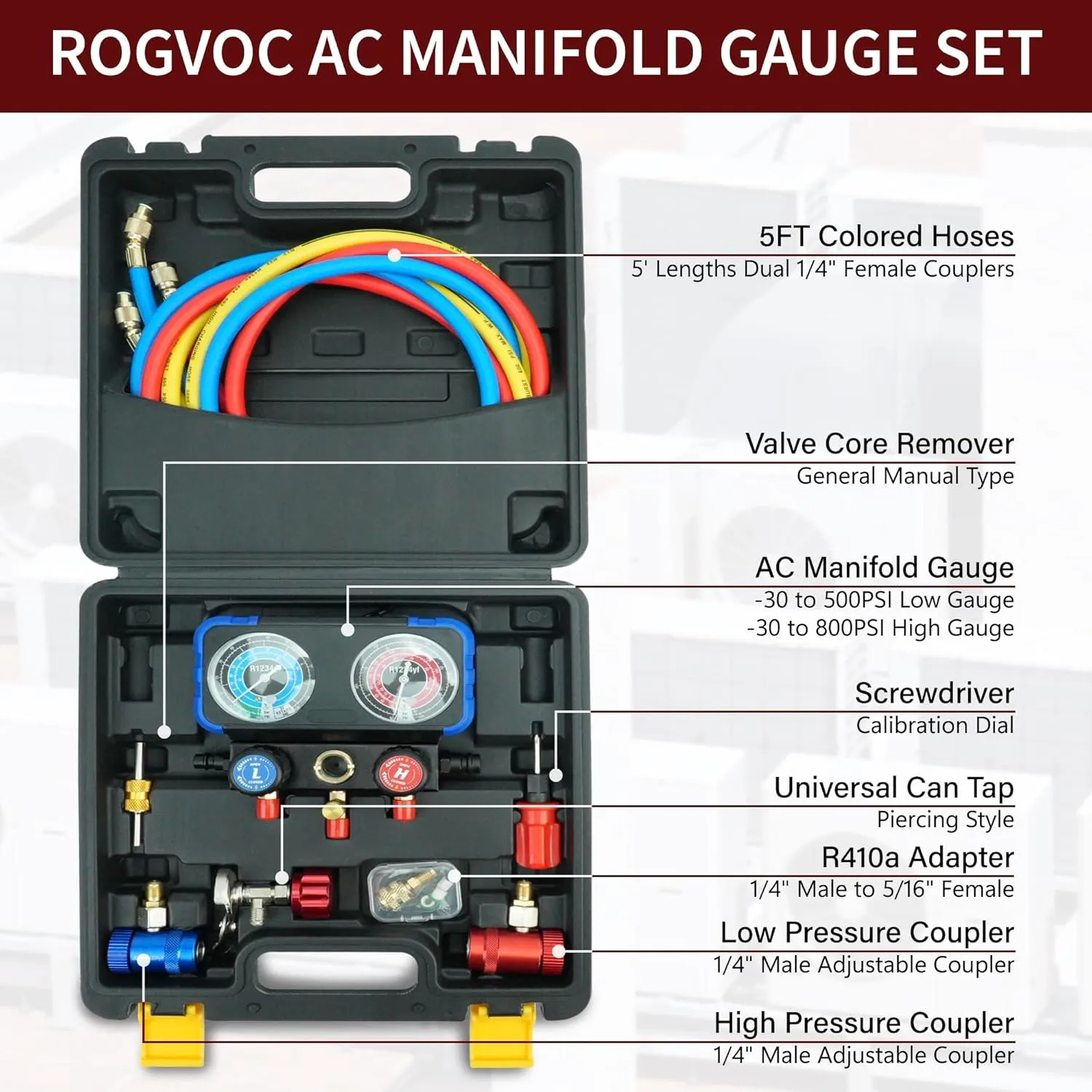R1234yf AC Gauge, 3 Way AC Manifold Gauge Set for R1234yf Refrigerant, Refrigerant Gauges with 5FT Hoses，R410a Adapter, Puncturing Can Tap, Anti-Collision Dials Provide More Accurate Reading