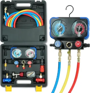 R1234yf AC Gauge, 3 Way AC Manifold Gauge Set for R1234yf Refrigerant, Refrigerant Gauges with 5FT Hoses，R410a Adapter, Puncturing Can Tap, Anti-Collision Dials Provide More Accurate Reading