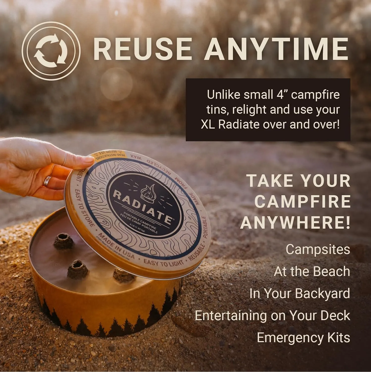 Radiate XL 8" Portable Campfire As Seen On Shark Tank - Up to 5 Hours of Burn Time - Reusable Travel Fire Pit for Camping, Patios, and Beach Days - Great Alternative to a Real Fire - Made in USA