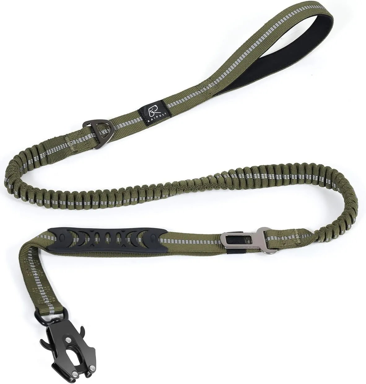 Raipult Tactical Heavy Duty Dog Leash,4-6FT Strong Bungee Dog Leashes with Frog Clip & Car Seatbelt，Reflective Walking Lead with 2 Handles for Medium Large Dogs,Green