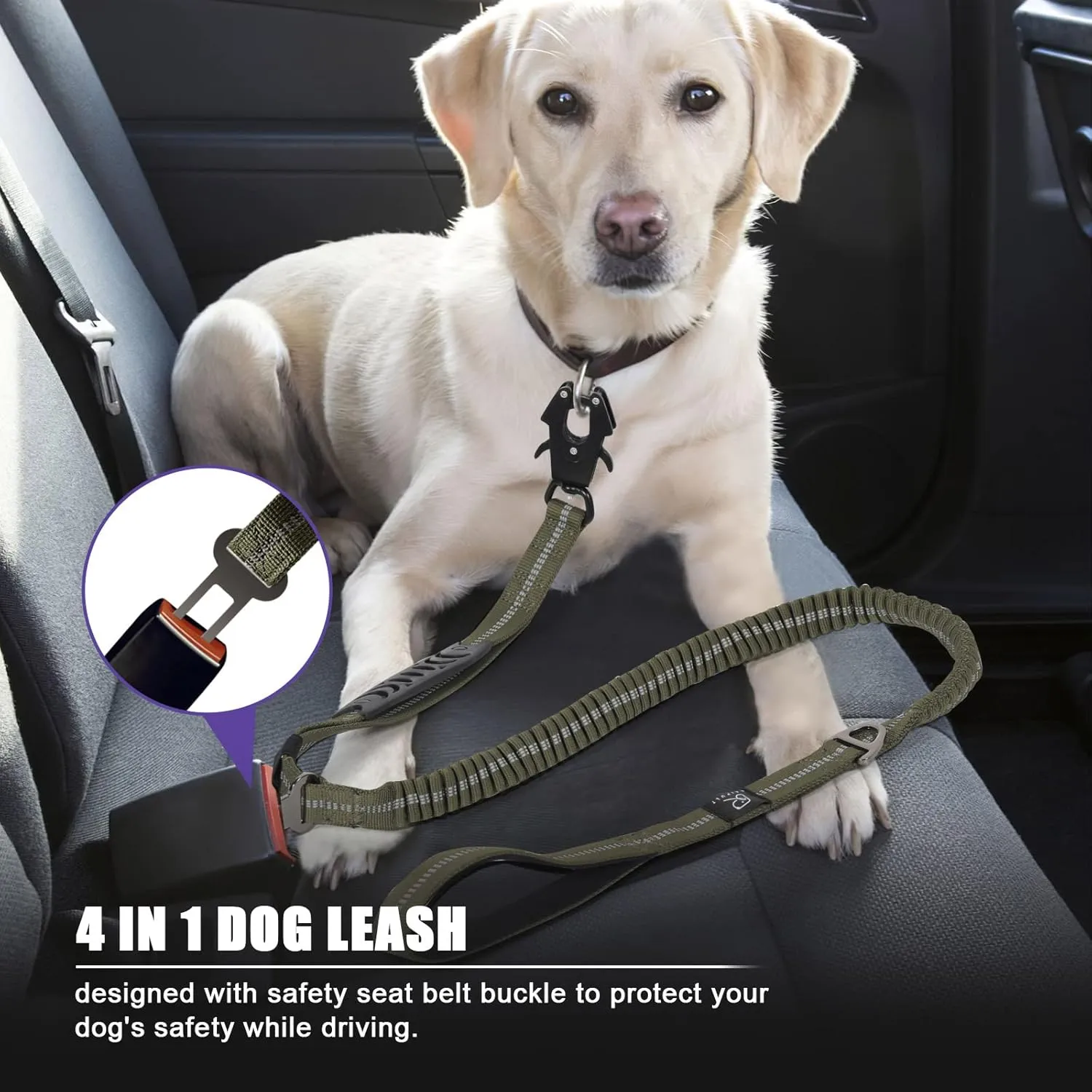 Raipult Tactical Heavy Duty Dog Leash,4-6FT Strong Bungee Dog Leashes with Frog Clip & Car Seatbelt，Reflective Walking Lead with 2 Handles for Medium Large Dogs,Green