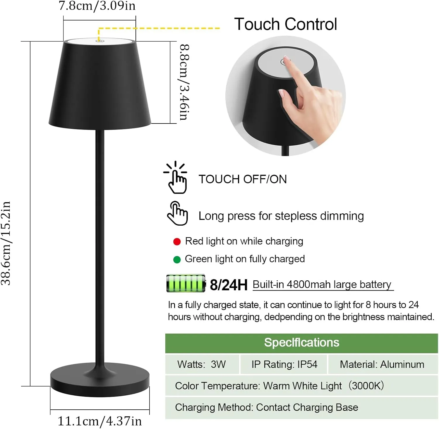 Ralaby IP54 Cordless Table Lamps Portable Rechargeable Battery Operated Lamp, Modern Aluminum Dimmable Indoor/Outdoor Cordless Lamp,Desk Lamp for/Restaurant/Bar/Cafe/Bedroom (2 Pack,Black,4800mAh)