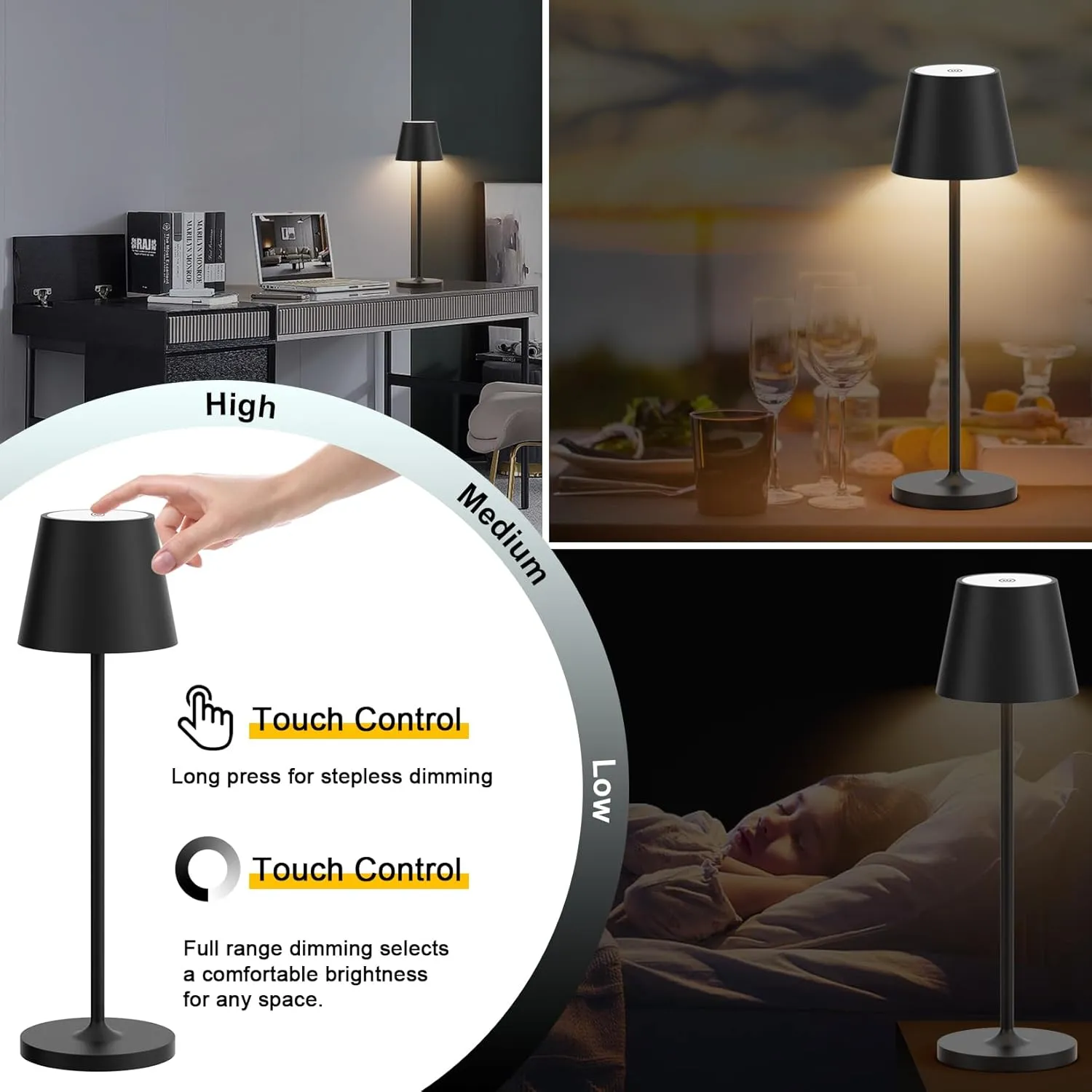 Ralaby IP54 Cordless Table Lamps Portable Rechargeable Battery Operated Lamp, Modern Aluminum Dimmable Indoor/Outdoor Cordless Lamp,Desk Lamp for/Restaurant/Bar/Cafe/Bedroom (2 Pack,Black,4800mAh)