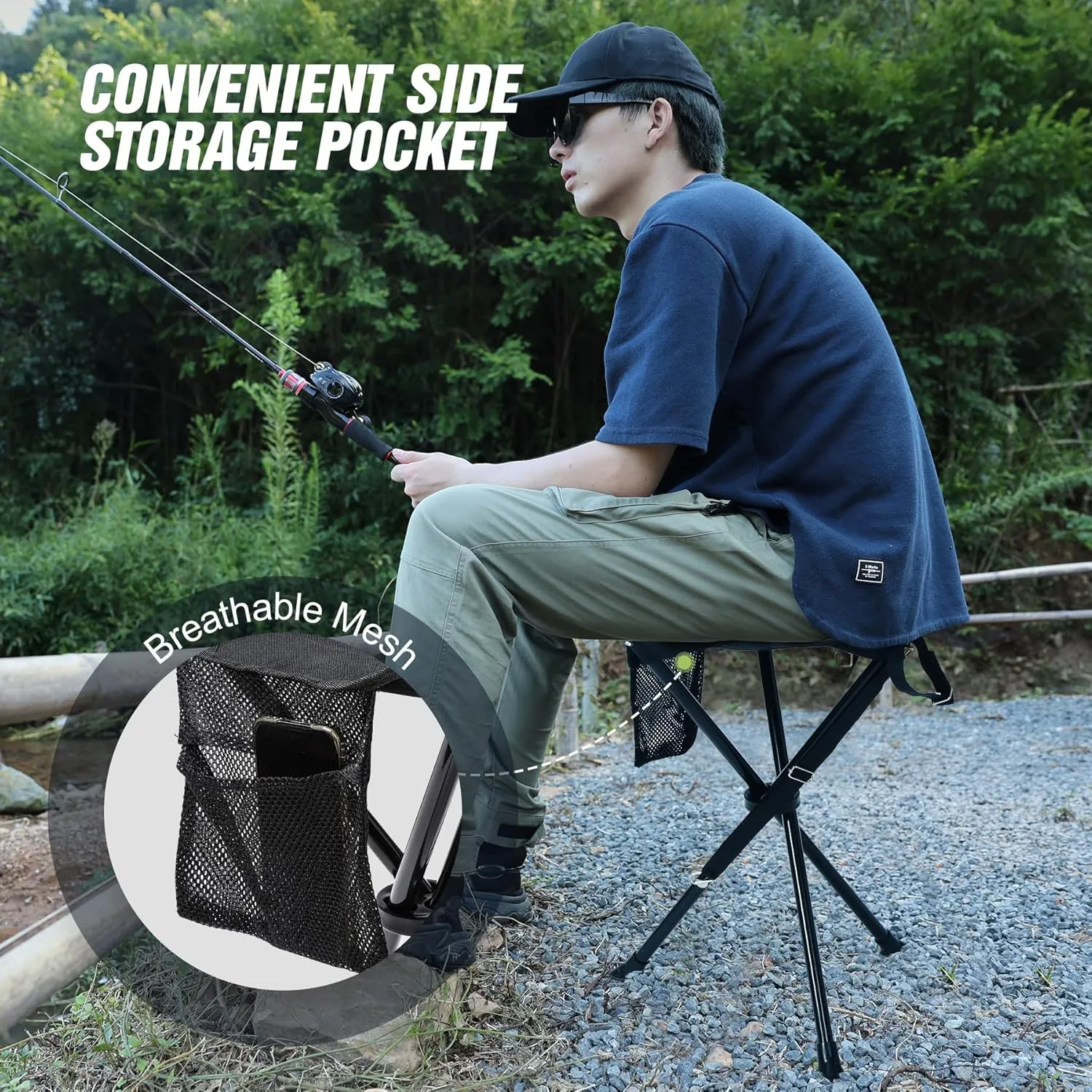 REDCAMP 2 Pack Extra Tall Folding Tripod Stools for Adults, Lightweight Portable Camping Stools for Blinds, Small Tripod Chairs for Fishing Backpacking Travel, Black
