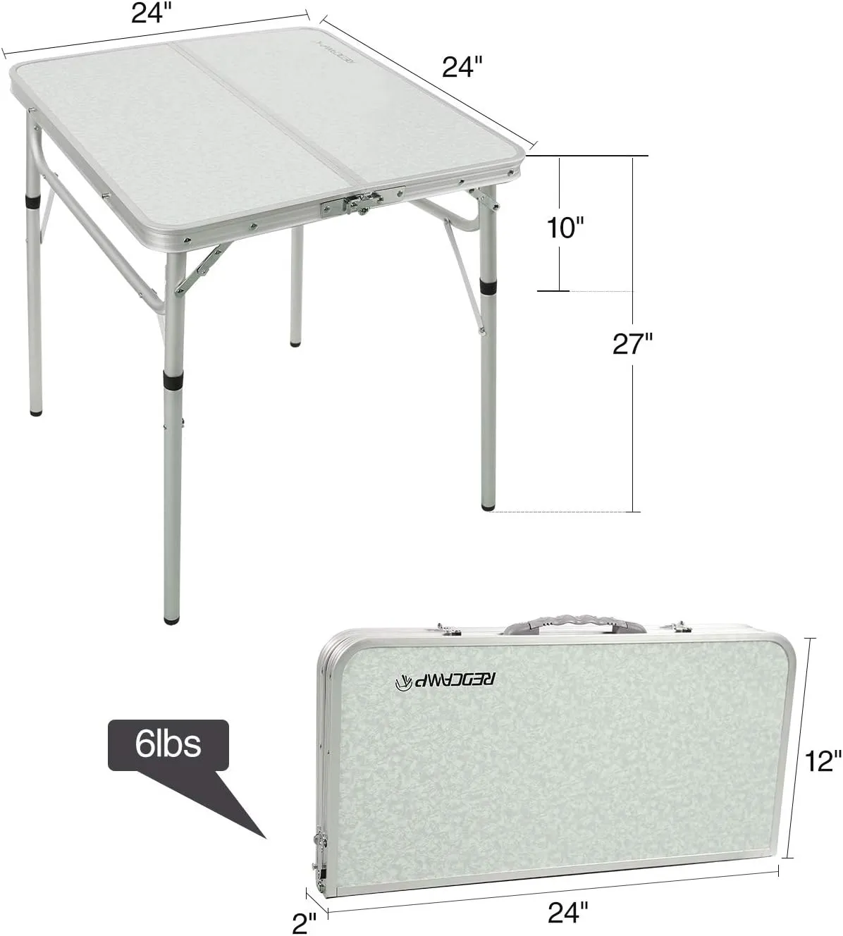 REDCAMP Small Square Folding Table 2 Feet, Portable Aluminum Camping Table Adjustable Height Lightweight for Picnic Beach Outdoor Indoor, White 24 x 24 inch