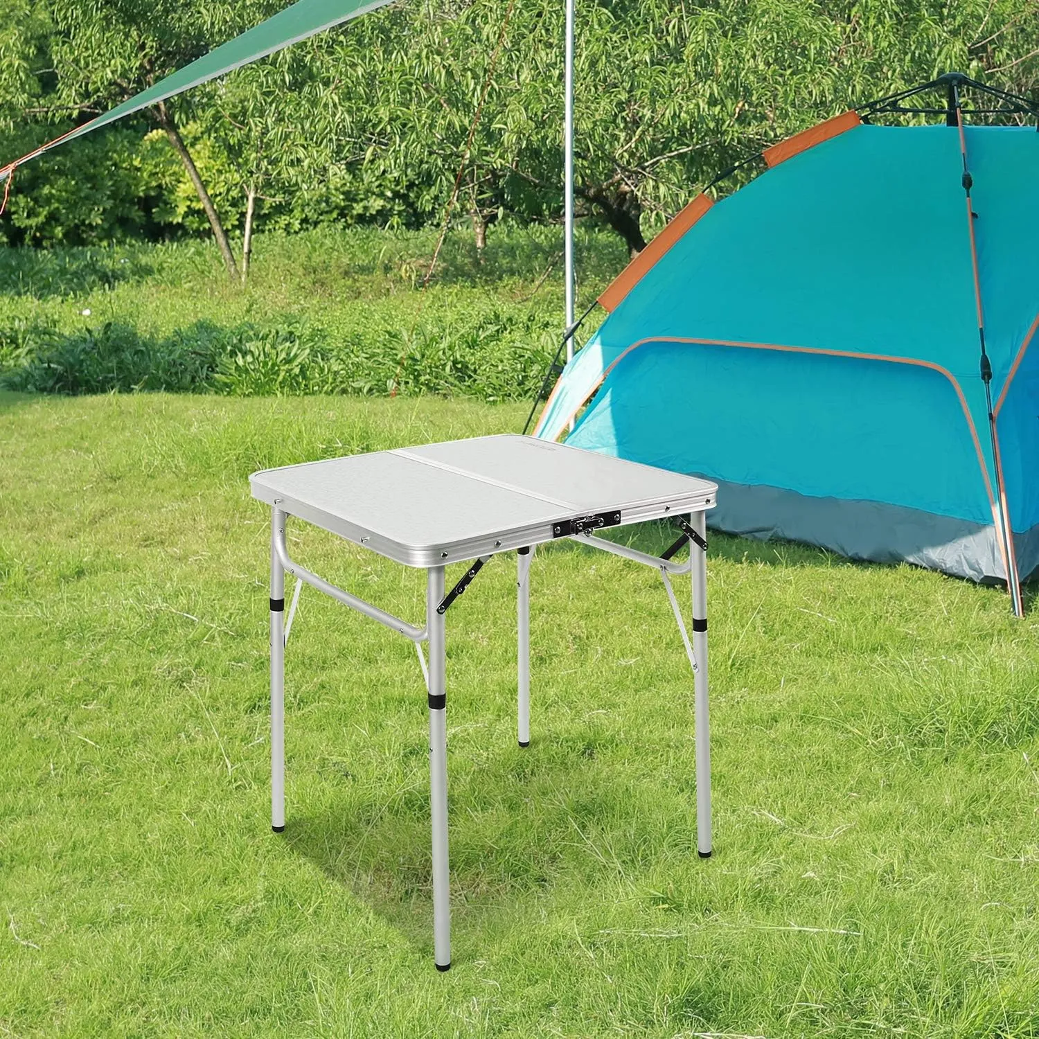 REDCAMP Small Square Folding Table 2 Feet, Portable Aluminum Camping Table Adjustable Height Lightweight for Picnic Beach Outdoor Indoor, White 24 x 24 inch