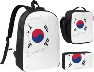 Republic of Korea Flag Map print 3 Piece Backpack Bags with Lunch Box Pencil Case Set for Travel Work Camping Unisex