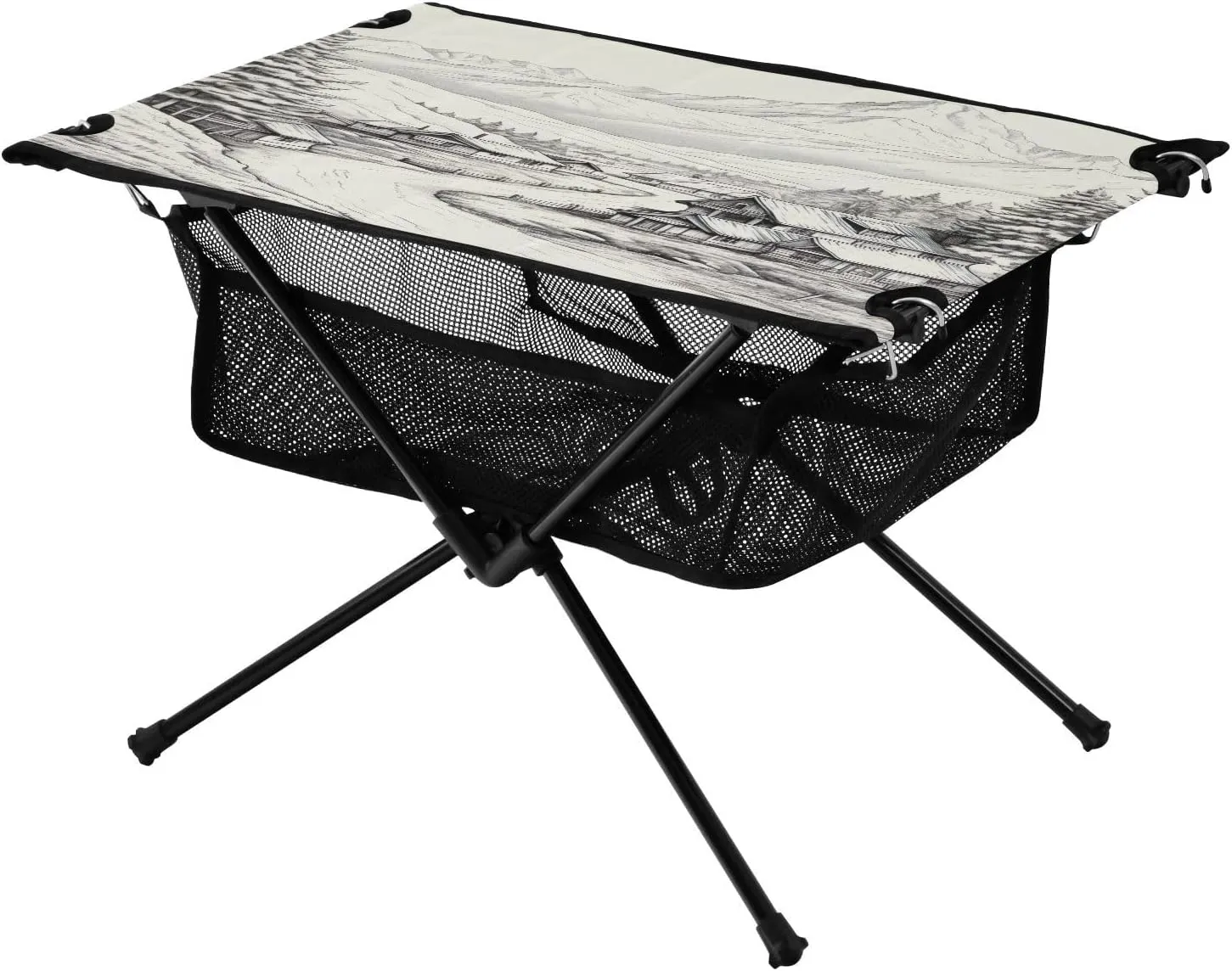 Retro Mountain Village Portable Folding Camping Table, Compact Lightweight Beach Table with Carrying Bag for Outdoor Picnics, BBQs, Camp