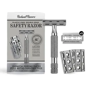 ROCKWELL RAZORS 6C Gunmetal Chrome Safety Razor With 6 Adjustable Shave Settings and 5 Fully Recyclable Razor Blades. Reusable Safety Razors for Men and Women.