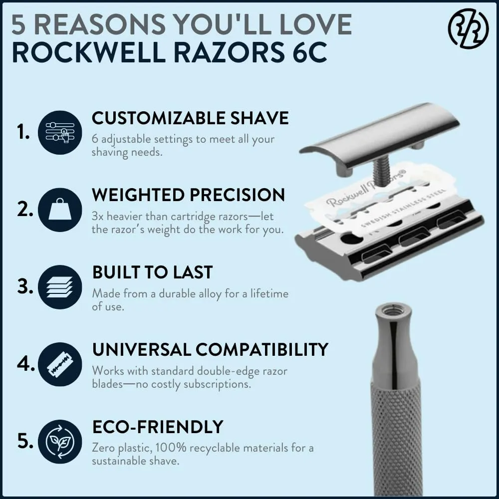 ROCKWELL RAZORS 6C Gunmetal Chrome Safety Razor With 6 Adjustable Shave Settings and 5 Fully Recyclable Razor Blades. Reusable Safety Razors for Men and Women.