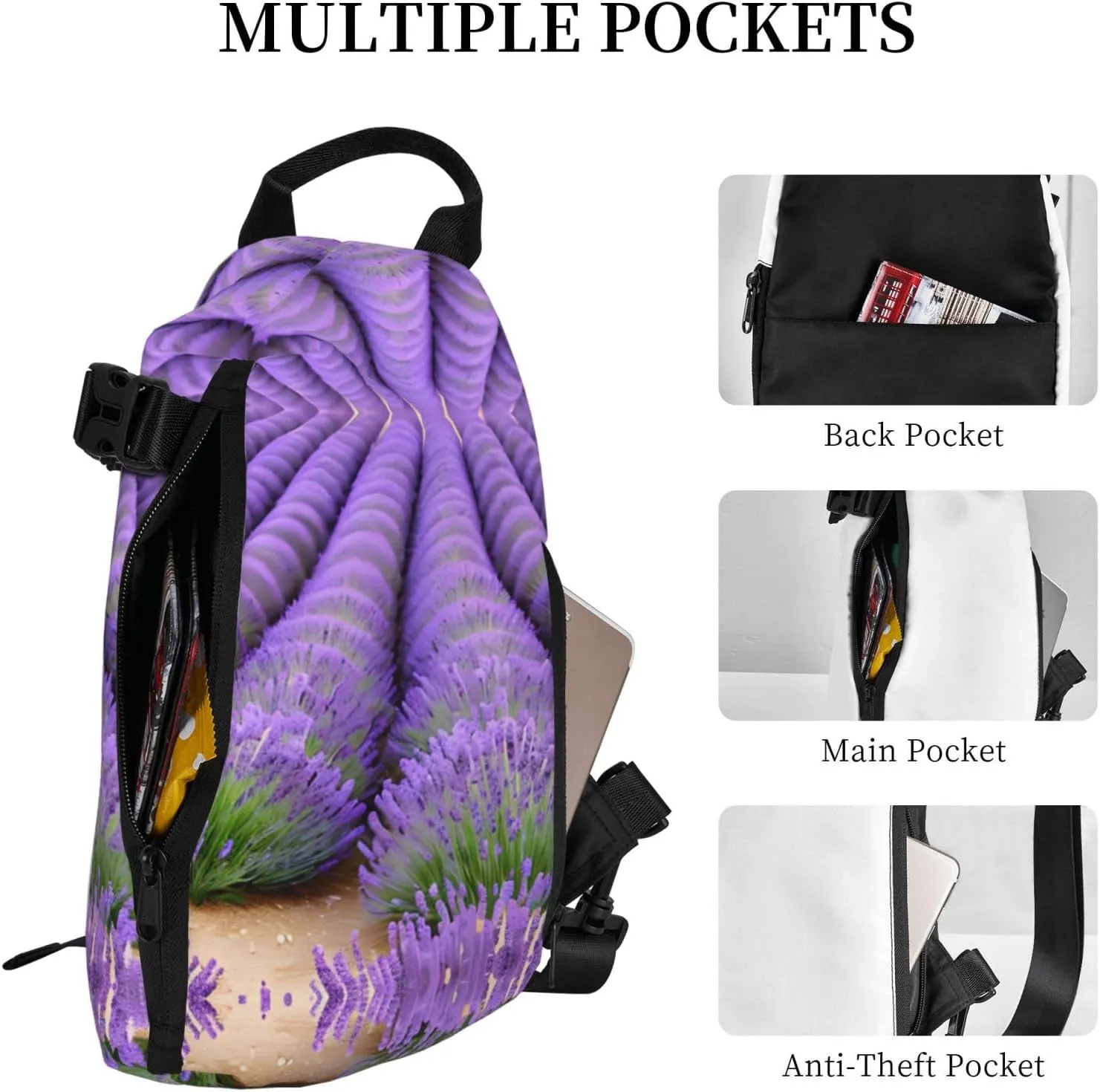 Romantic Lavender Print Crossbody Backpack Casual Adjustable Bag Multifunctional Sling Backpack