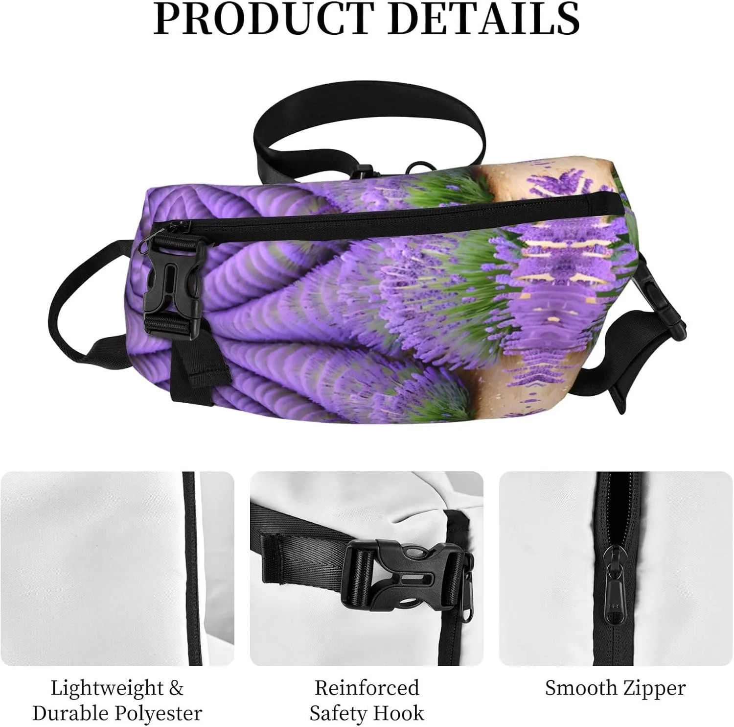 Romantic Lavender Print Crossbody Backpack Casual Adjustable Bag Multifunctional Sling Backpack