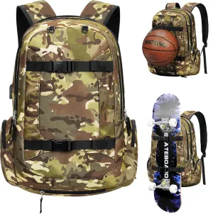 Ronyes Skateboard Backpack, Skateboard Bag,17.3 Inch Laptop Backpack with USB Charging Port, Military Tactical Backpack for Sports Travel Camo Green