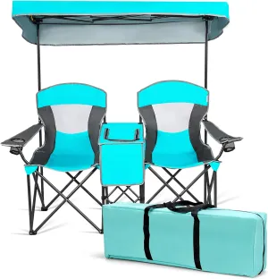 S AFSTAR Safstar Double Camping Chair w/Shade Canopy, 2-Person Folding Camp and Beach Chair with Mini Table Beverage Cup Holder Carrying Bag for Garden Patio Pool Beach