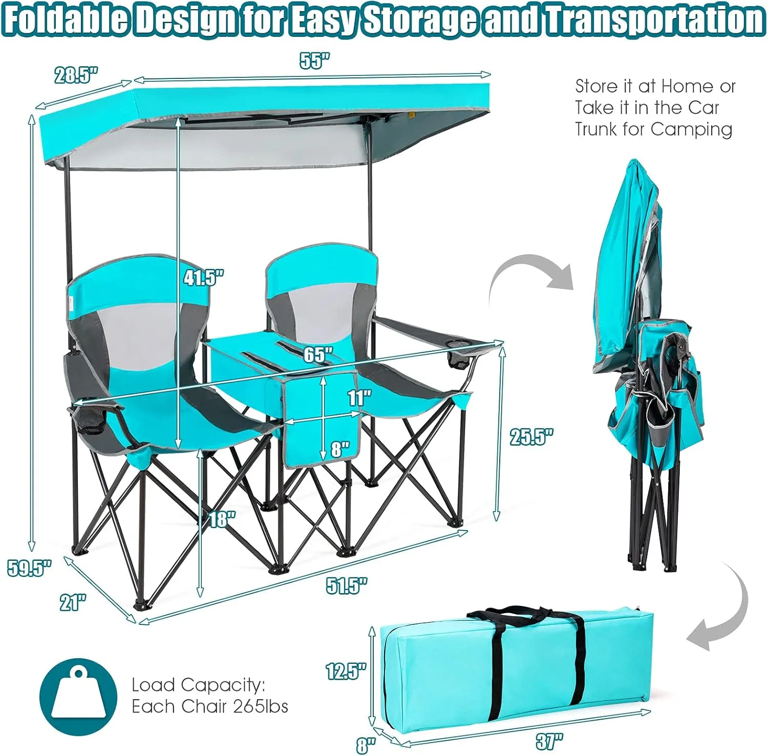 S AFSTAR Safstar Double Camping Chair w/Shade Canopy, 2-Person Folding Camp and Beach Chair with Mini Table Beverage Cup Holder Carrying Bag for Garden Patio Pool Beach