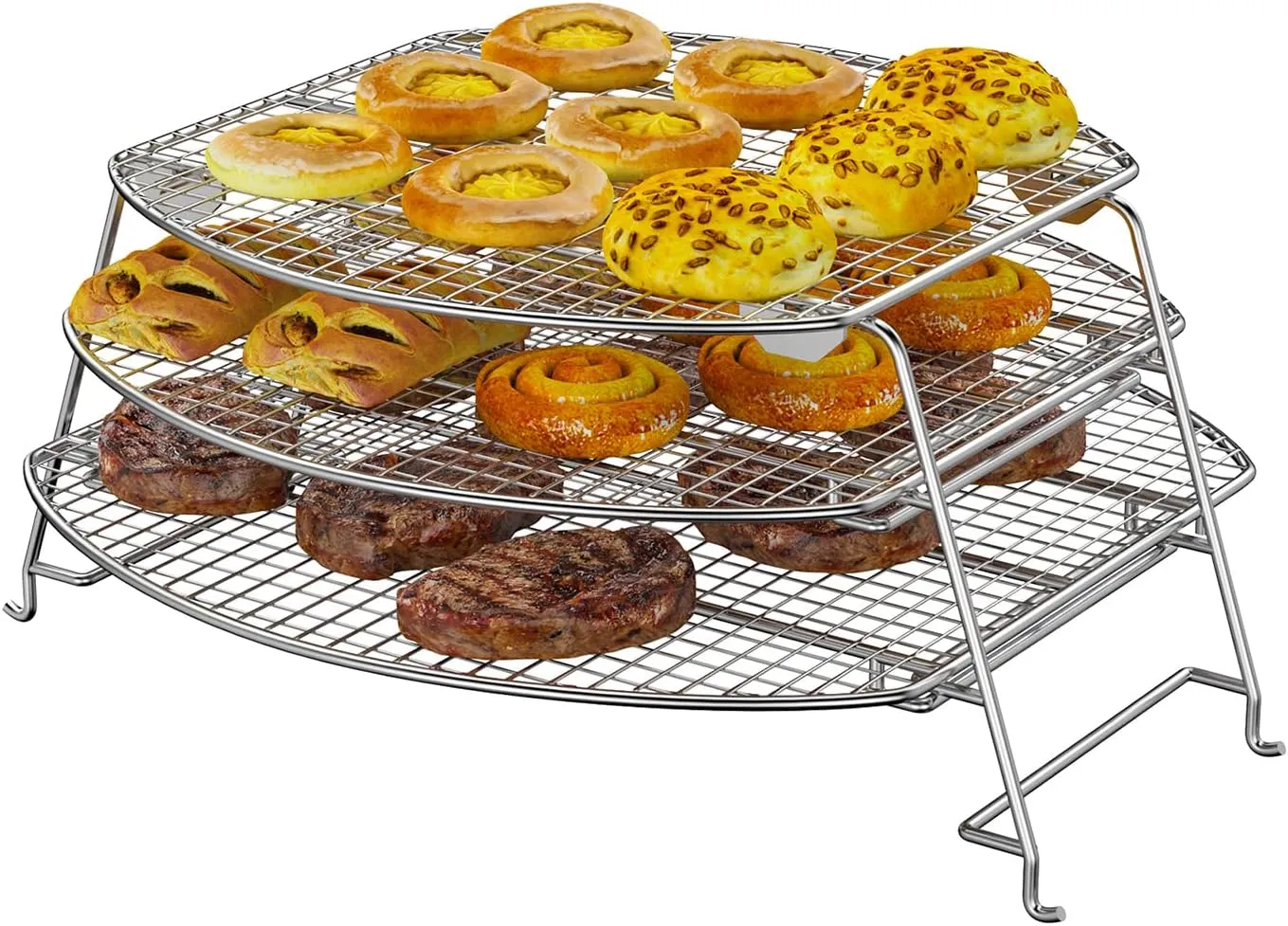 SafBbcue 3 Tier Jerky Rack Compatible with Kamado Joe, Big Green Egg Smoker Accessories, Foldable Sliding Warming Rack Compatible with Traeger, Pit Boss, CampChef, GMG and More Barrel Pellet Grills
