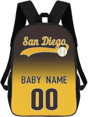 San Diego Personalized Shoulder Backpack,Baseball Sports Backpack,Suitable For School And Outdoor Use,Custom Name And Number,Gift For Sport Fans.