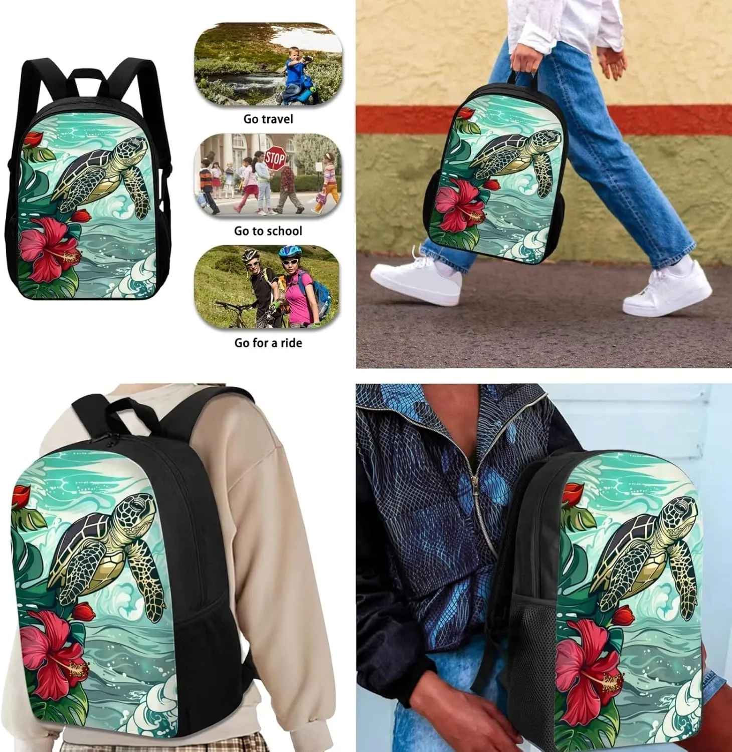 Sea Turtle Flower Print School Backpack Set for Boys Girls, 3 in 1 Backpack and Lunch Box Set with Adjustable Shoulder Straps, Large Capacity School Bookbag Set for Child Teens