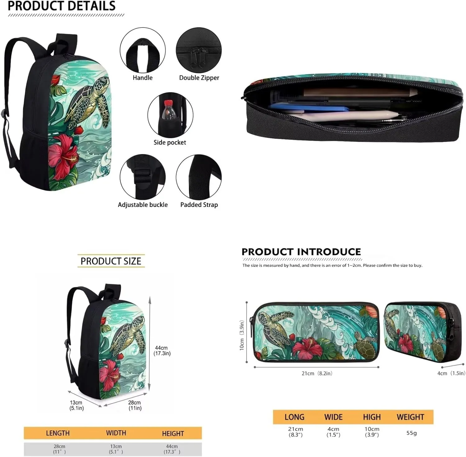 Sea Turtle Flower Print School Backpack Set for Boys Girls, 3 in 1 Backpack and Lunch Box Set with Adjustable Shoulder Straps, Large Capacity School Bookbag Set for Child Teens