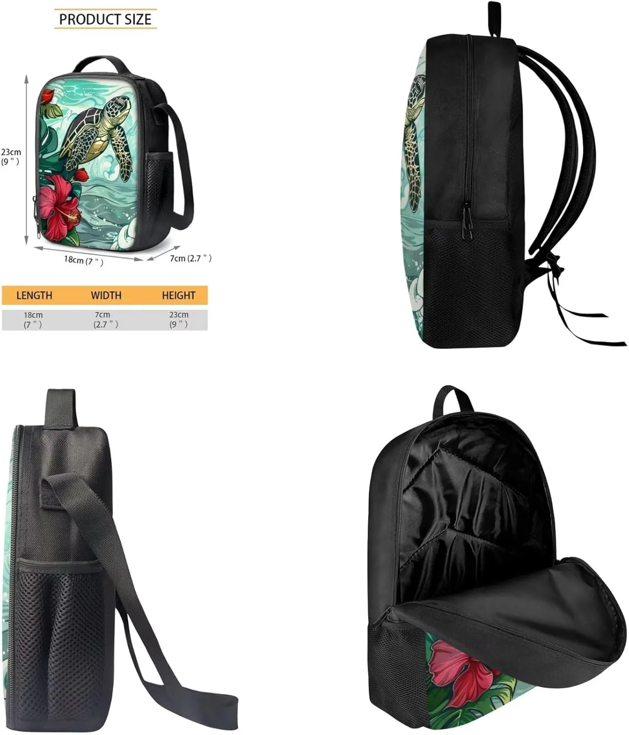 Sea Turtle Flower Print School Backpack Set for Boys Girls, 3 in 1 Backpack and Lunch Box Set with Adjustable Shoulder Straps, Large Capacity School Bookbag Set for Child Teens
