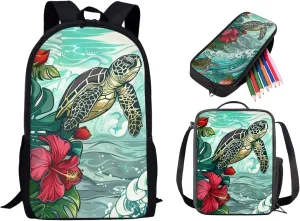 Sea Turtle Flower Print School Backpack Set for Boys Girls, 3 in 1 Backpack and Lunch Box Set with Adjustable Shoulder Straps, Large Capacity School Bookbag Set for Child Teens