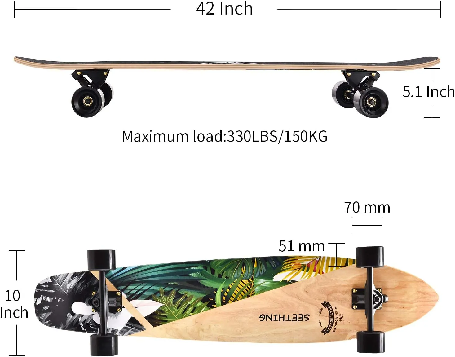 seething 42 Inch Longboard Skateboard Complete Cruiser Pintail,The Original Artisan Maple Skateboard Cruiser Pintail for Cruising, Carving, Free-Style and Downhill
